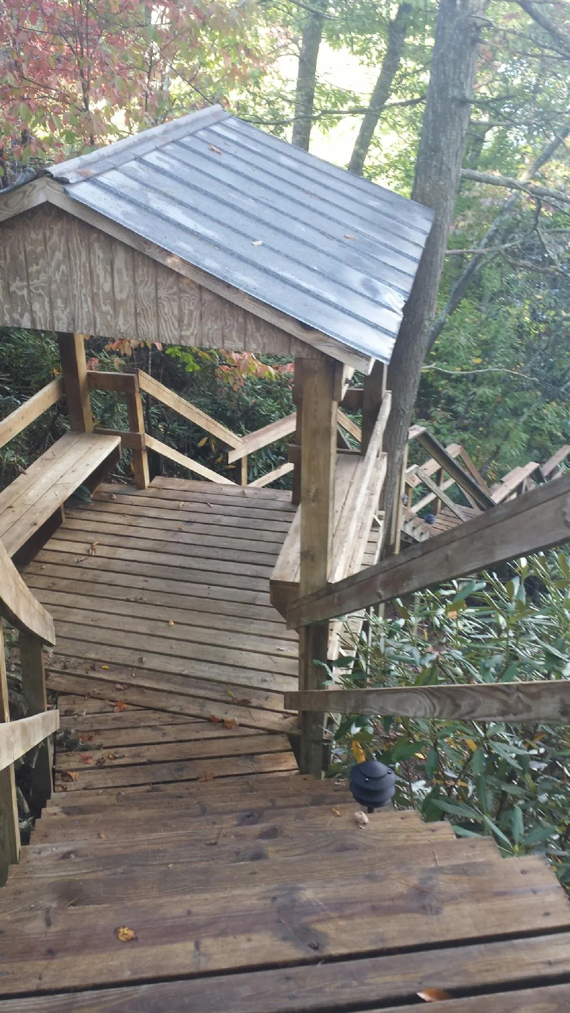 Metal roofed shelter over wooden steps on a wooded walkway — Skylight Repair & Installation work by our crew in Moseley
